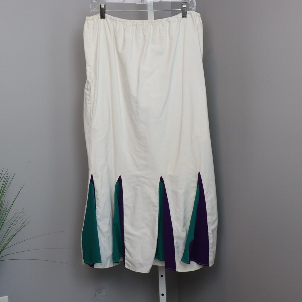 Tipicano White Cotton Skirt L Flared Panels Green Purple Festival Mardi Gras